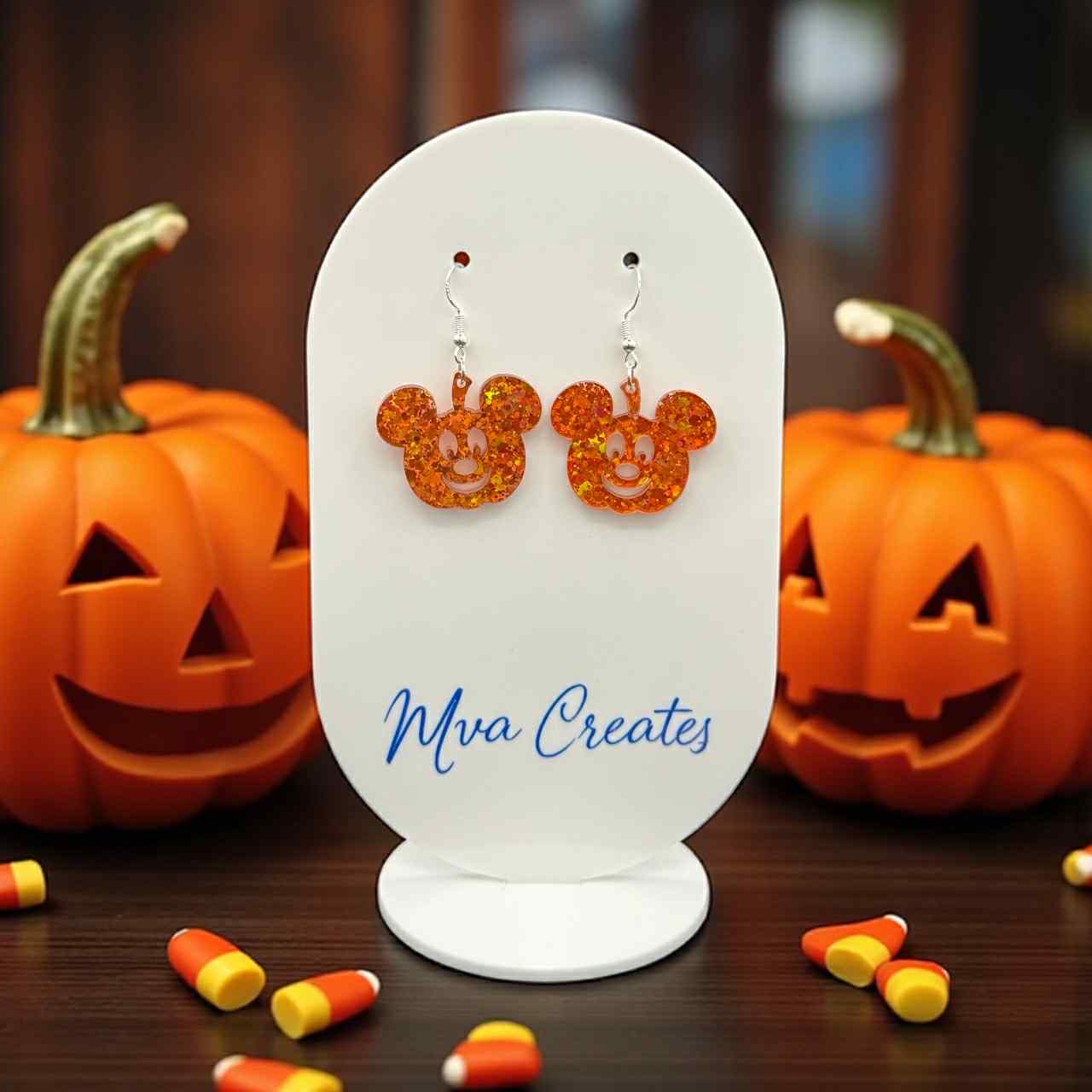 Pumpkin Mouse Earrings | Halloween Glitter Earrings | Spooky Cute Acrylic Jewelry