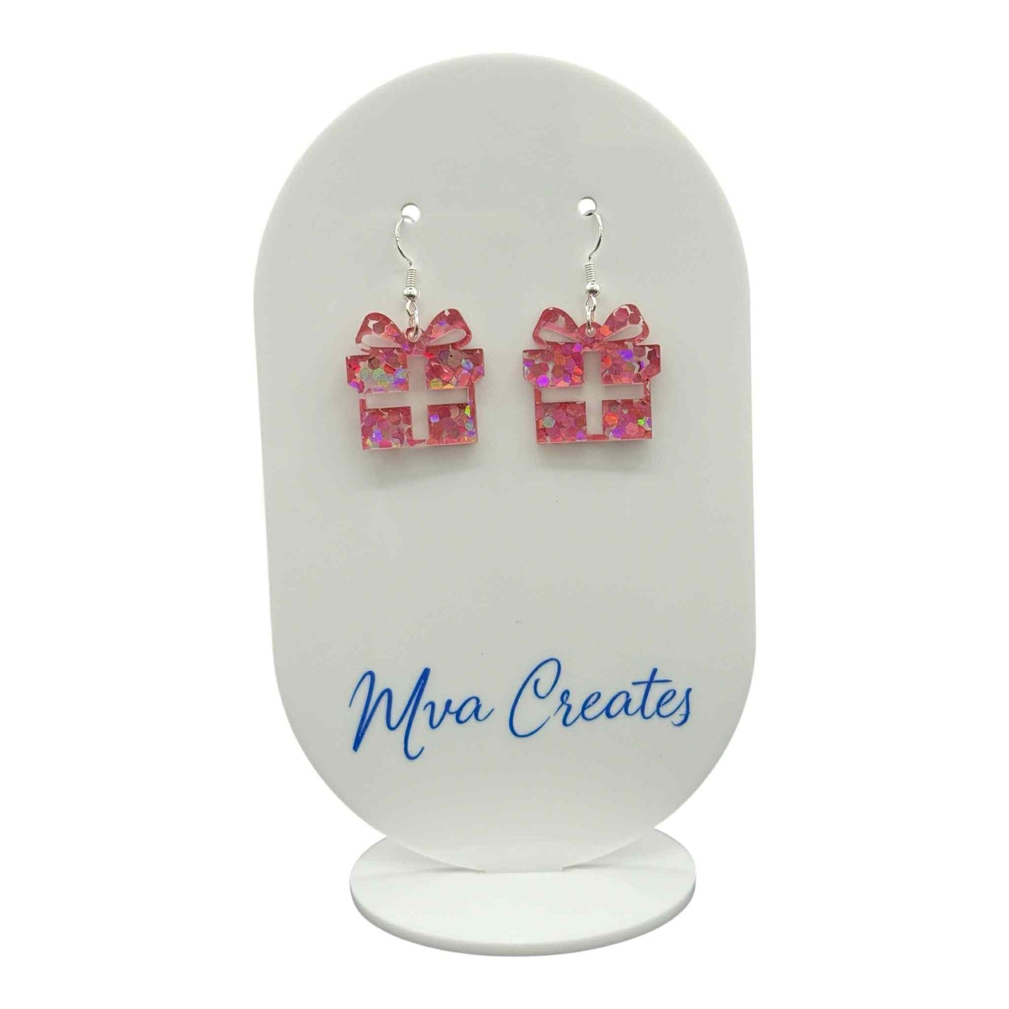 Pink Glitter Gift Box Earrings | Holiday Acrylic Earrings | Festive Jewelry Gift