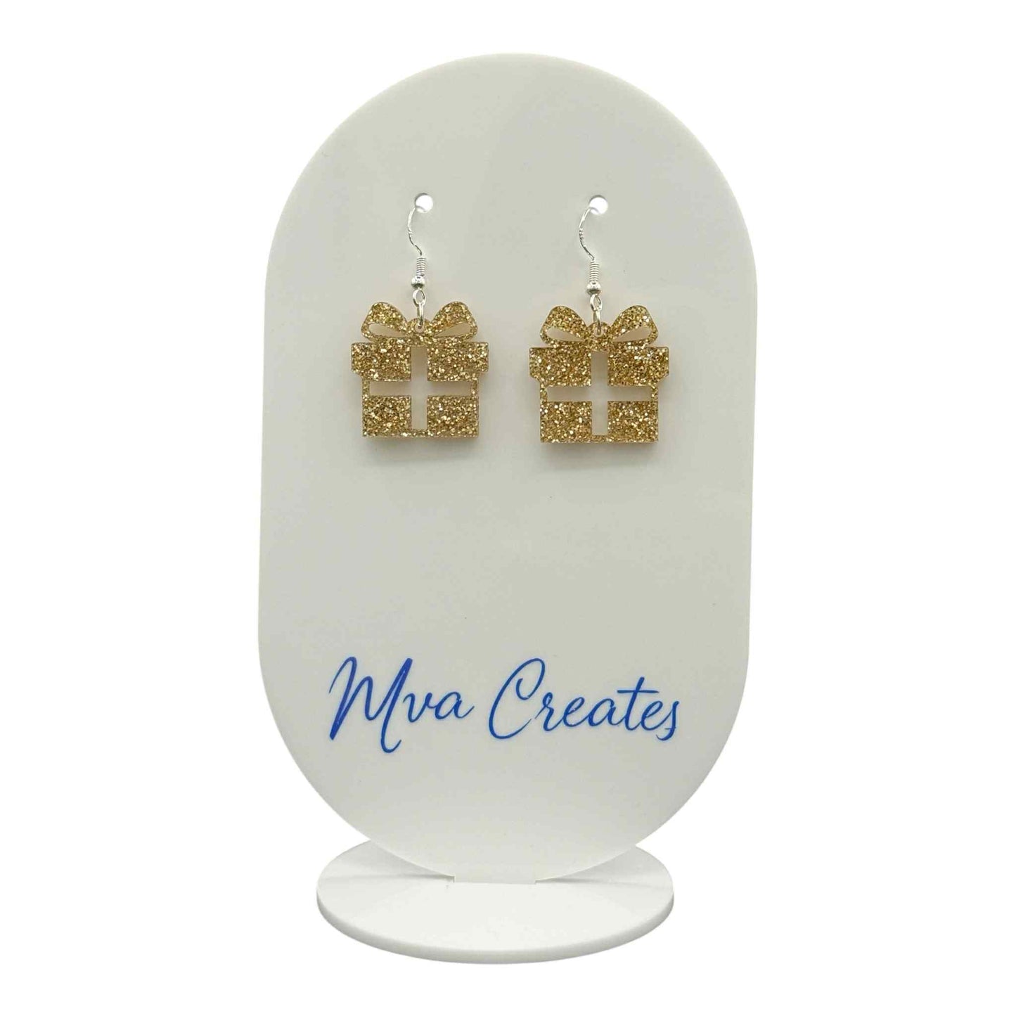 Gold Gift Box Earrings | Holiday Glitter Earrings | Festive Acrylic Dangle Jewelry