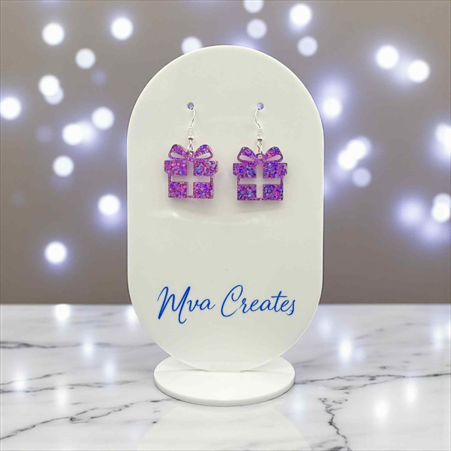 Purple Glitter Gift Box Earrings | Holiday Acrylic Earrings | Festive Jewelry Gift