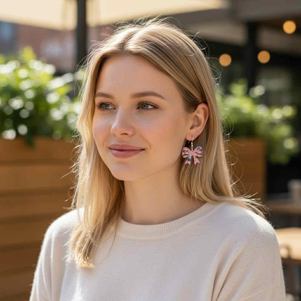 Pink Penguin Bow Earrings | Cute Christmas Acrylic Jewelry | Festive Winter Gift for Her