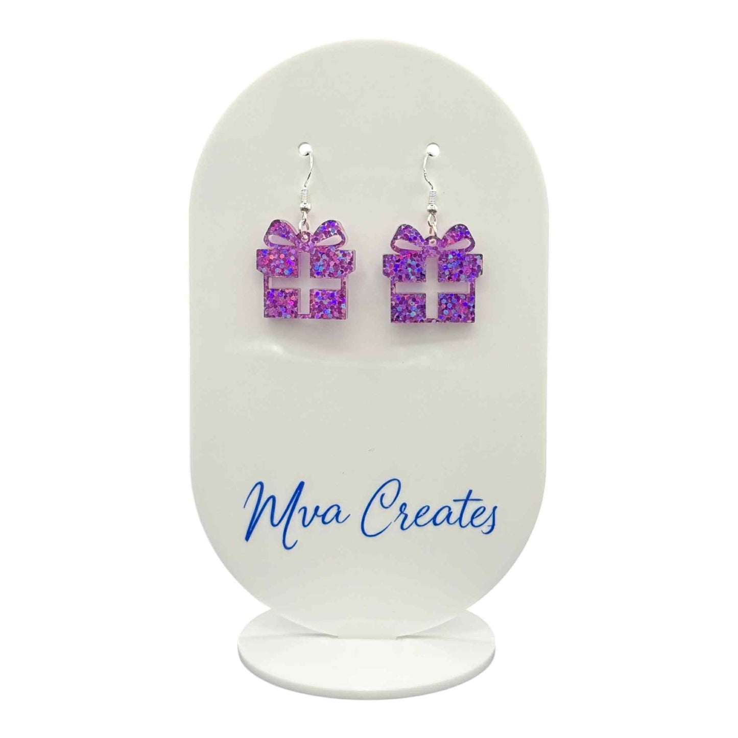 Purple Glitter Gift Box Earrings | Holiday Acrylic Earrings | Festive Jewelry Gift