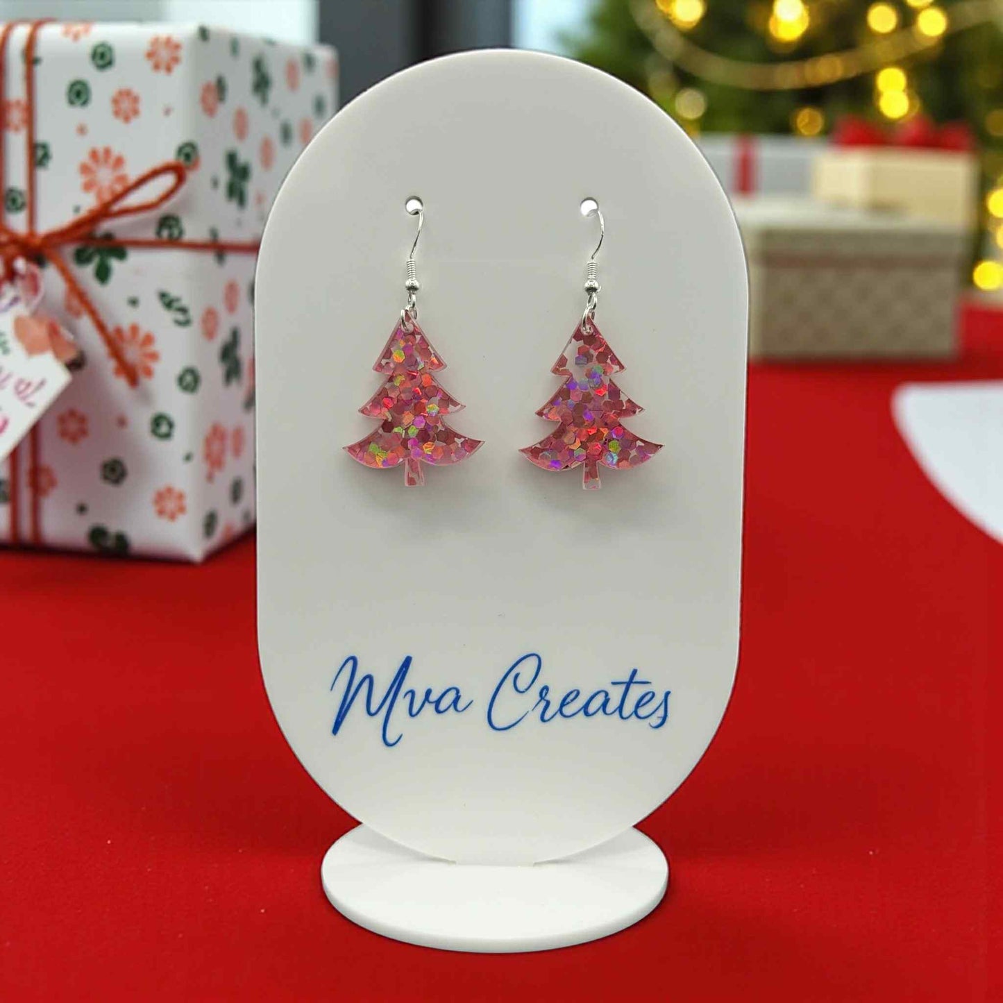 Pink Glitter Christmas Tree Earrings | Sparkly Holiday Acrylic Jewelry | Handmade Festive Gift for Her