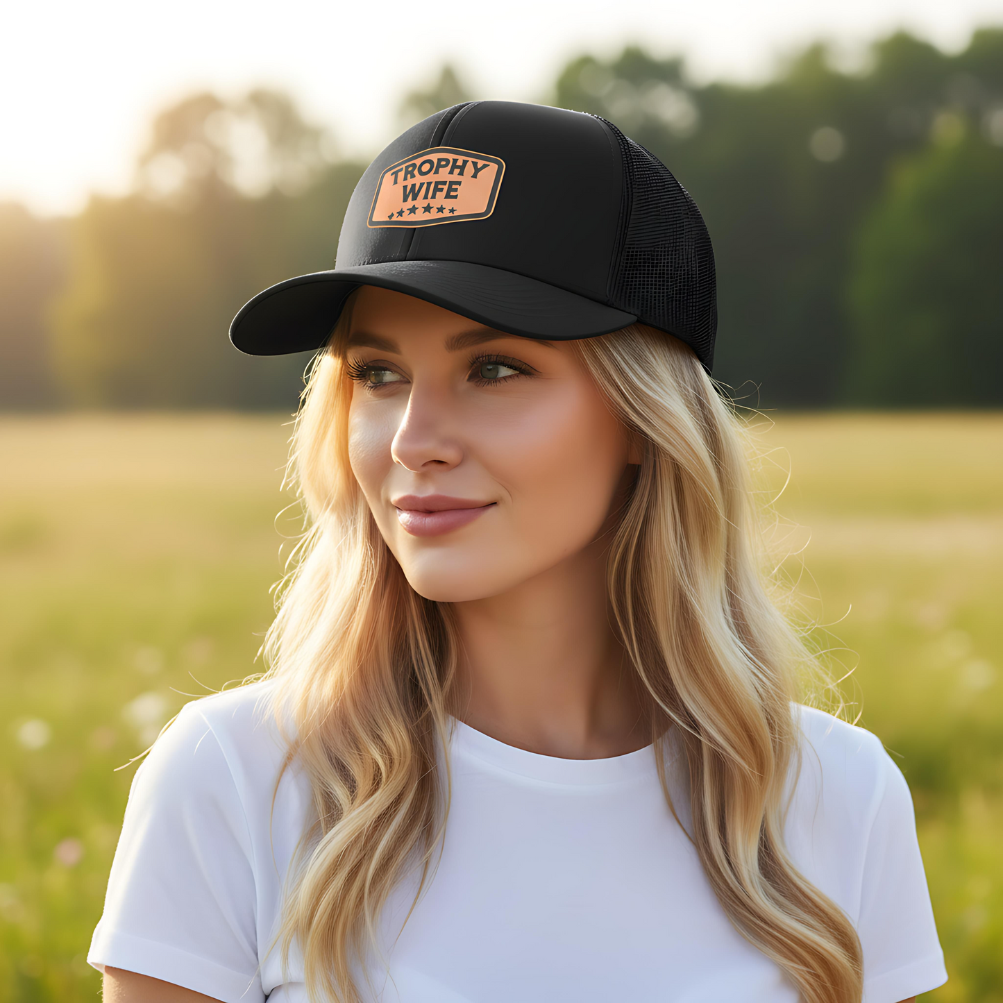 Trophy Wife Leatherette Patch Hat – Richardson 112 Trucker Cap (Multiple Colors)
