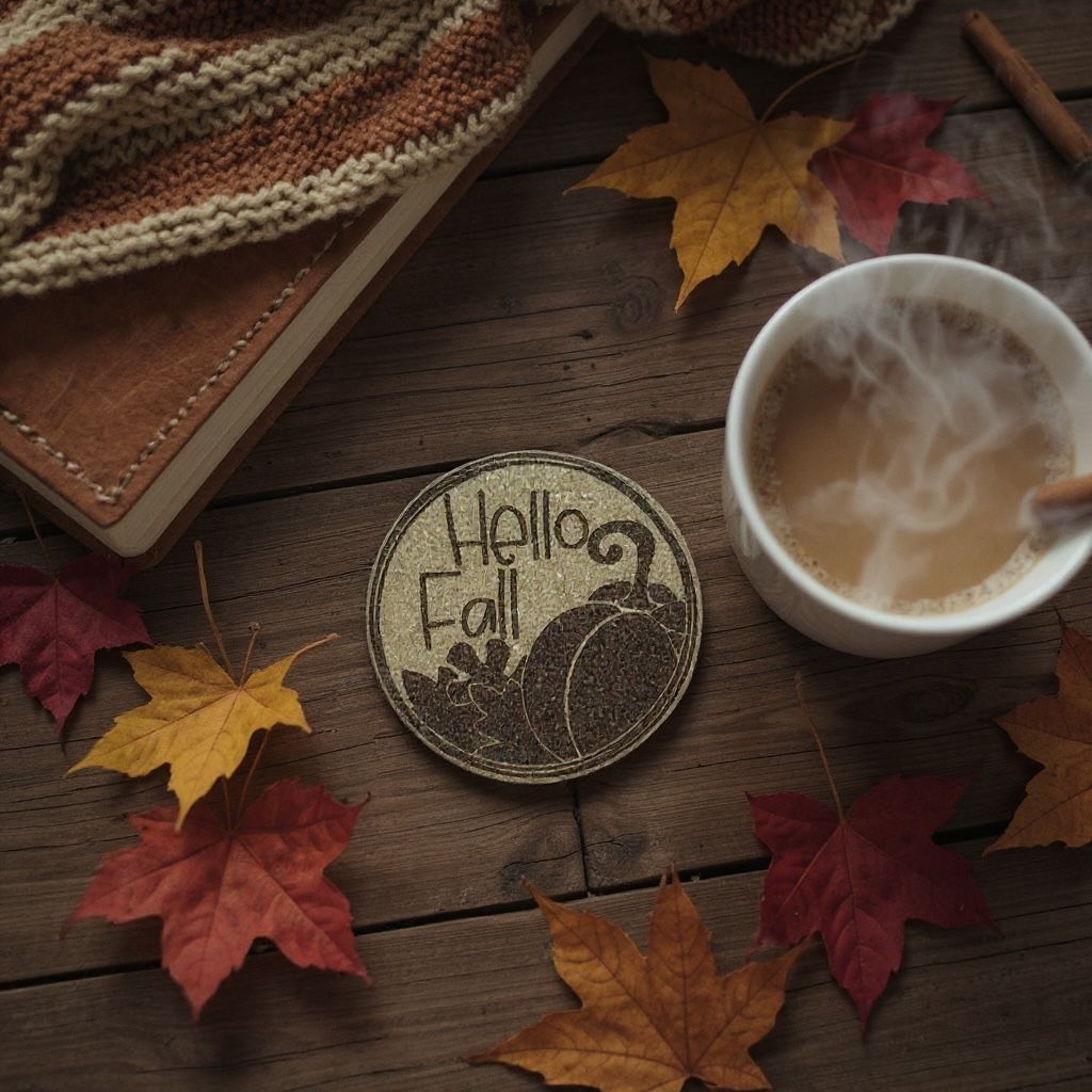 Hello Fall Cork Coaster – Laser-Engraved Pumpkin & Leaves