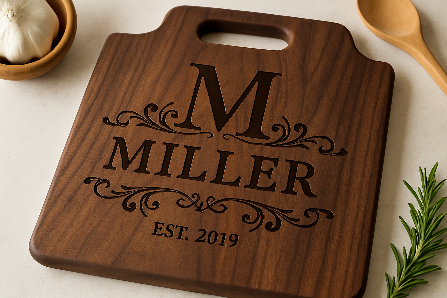 a personalized laser-engraved walnut cutting board