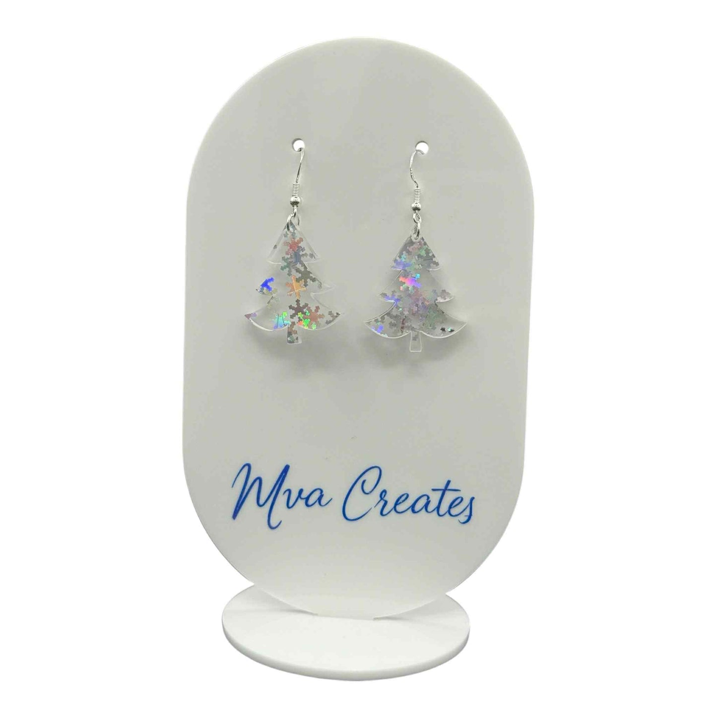 Holographic Christmas Tree Earrings | Iridescent Acrylic Holiday Jewelry | Sparkly Winter Gift