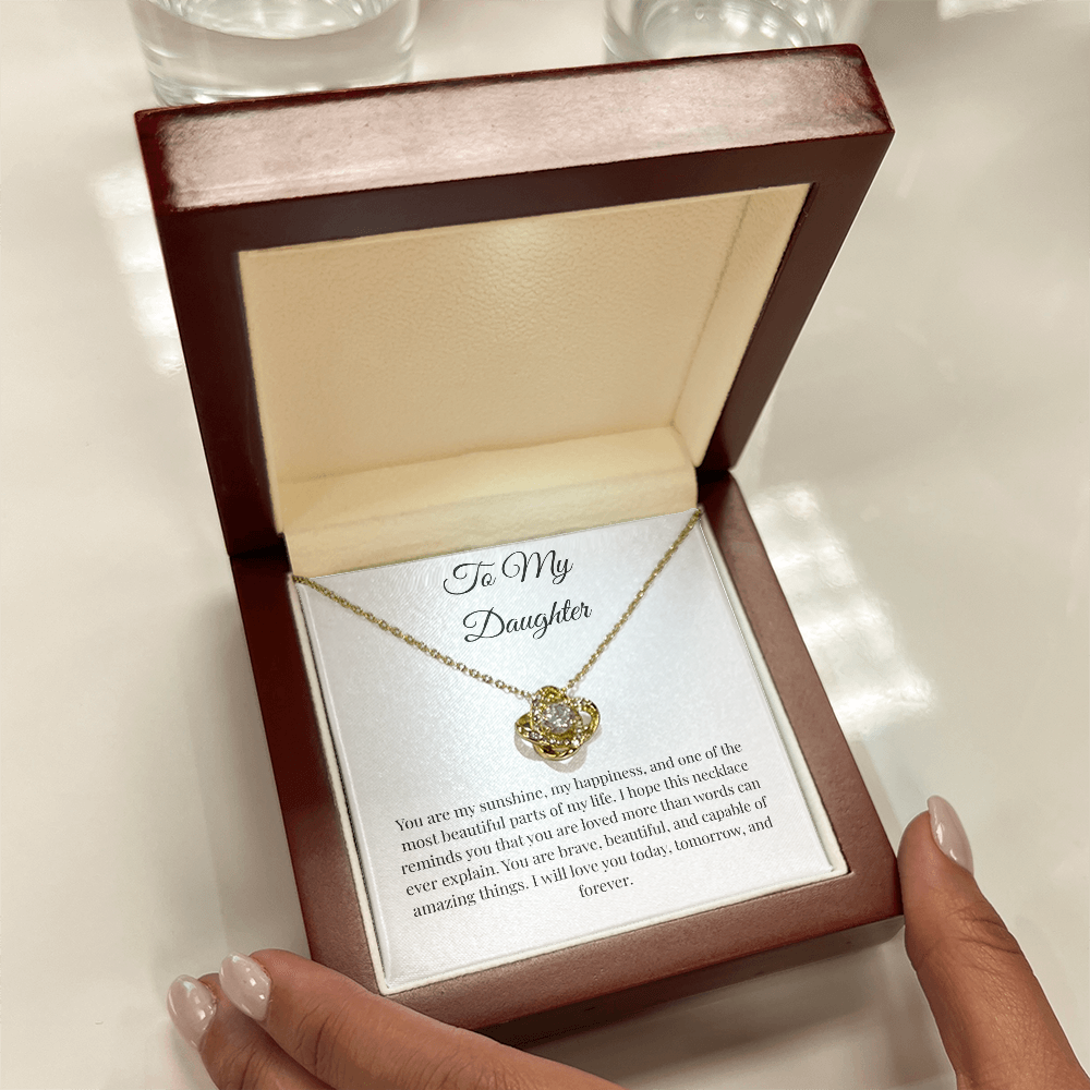 To My Daughter Love Knot Necklace – Sunshine Message Card Gift from Mom or Dad