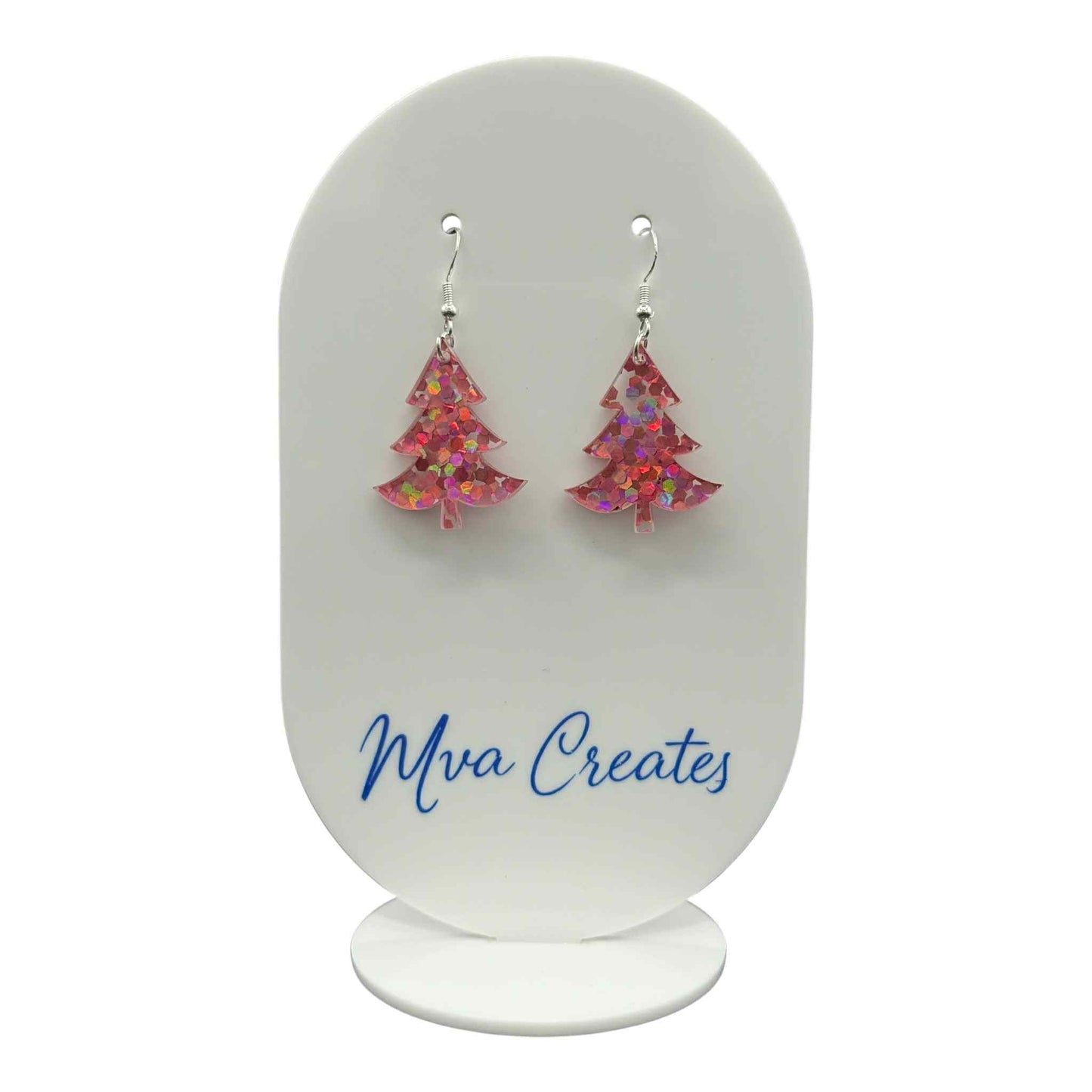 Pink Glitter Christmas Tree Earrings | Sparkly Holiday Acrylic Jewelry | Handmade Festive Gift for Her
