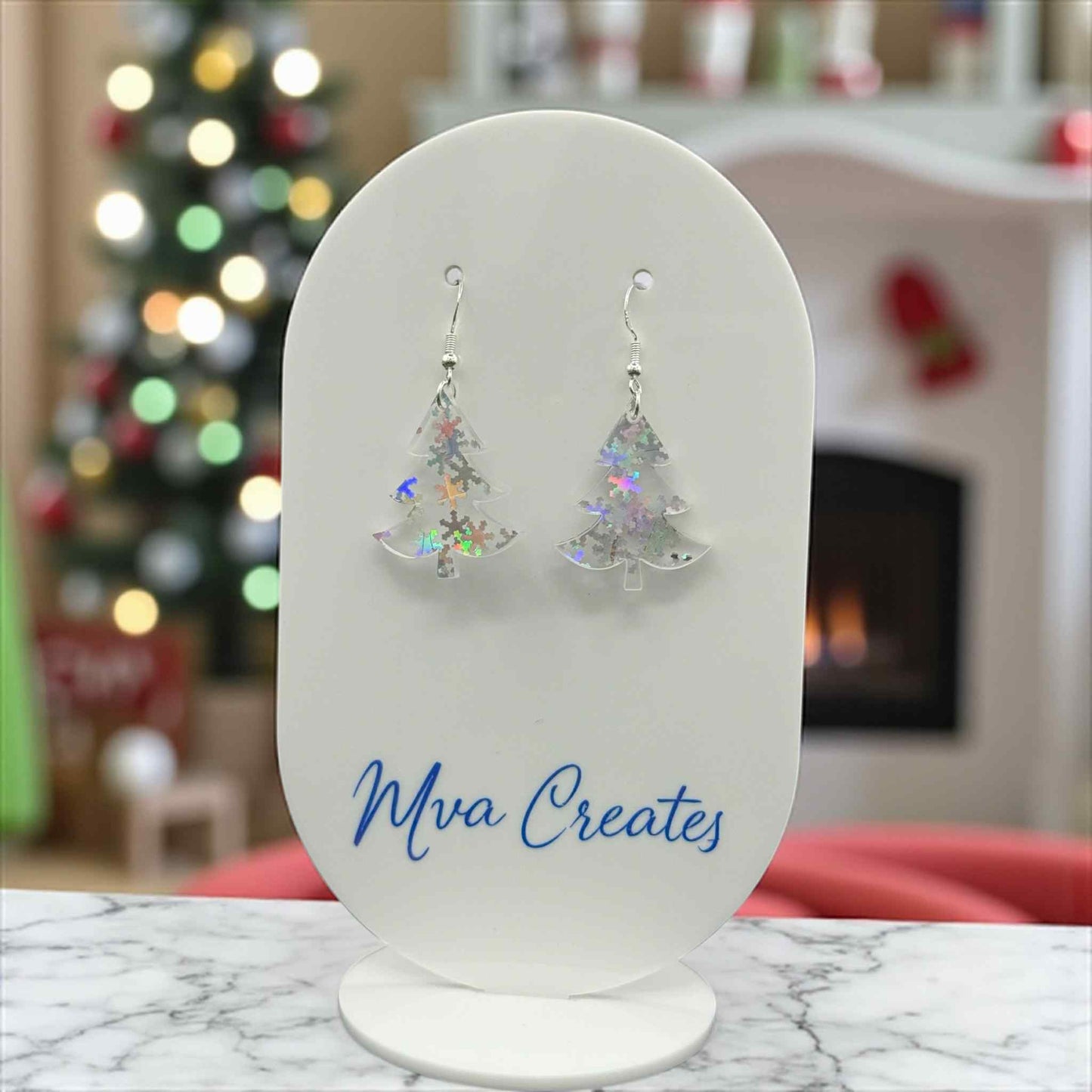 Holographic Christmas Tree Earrings | Iridescent Acrylic Holiday Jewelry | Sparkly Winter Gift