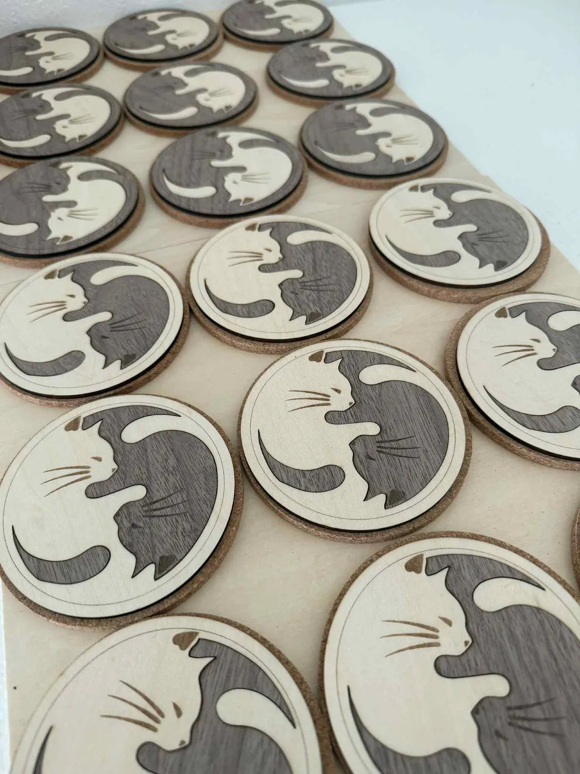 Yin Yang Cat Wooden Coasters – Handmade Laser-Cut Decor