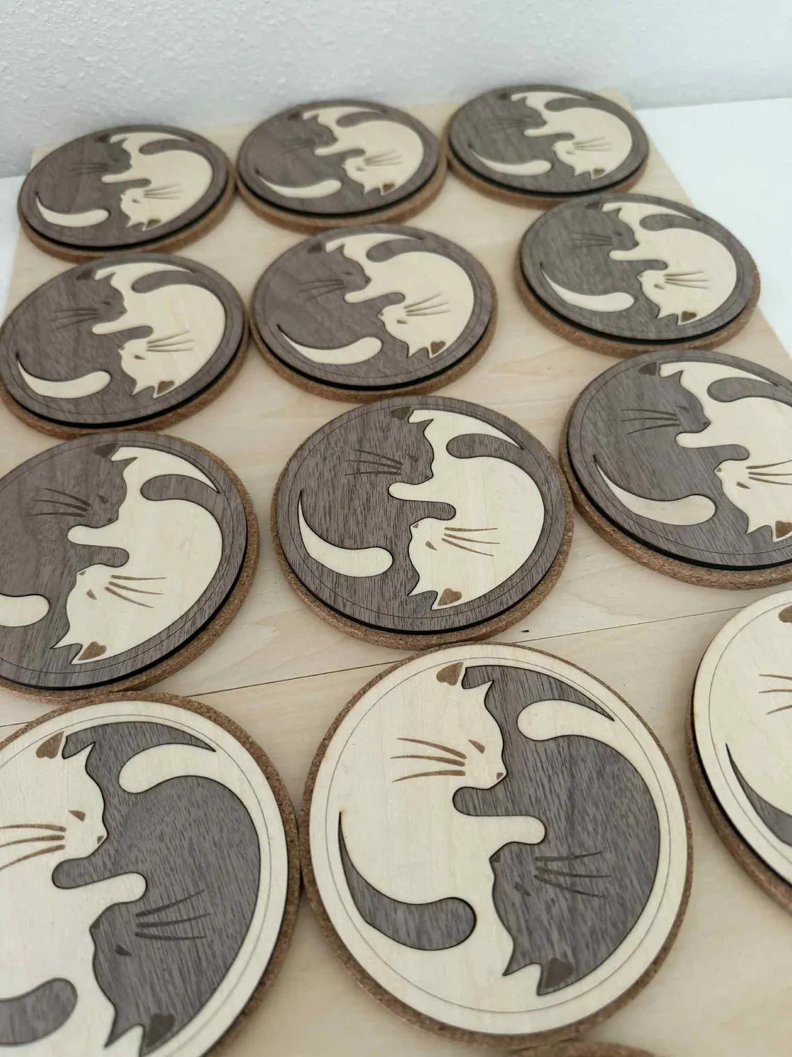 Yin Yang Cat Wooden Coasters – Handmade Laser-Cut Decor