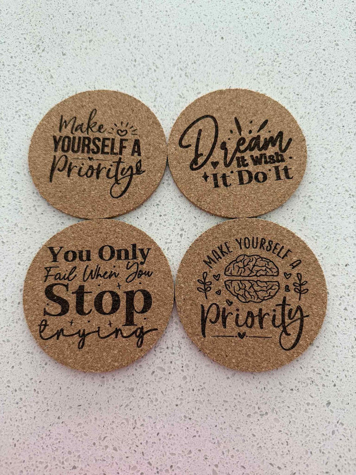 Inspirational Quote Cork Coaster Set: Self-Care Gift, Encouragement Decor
