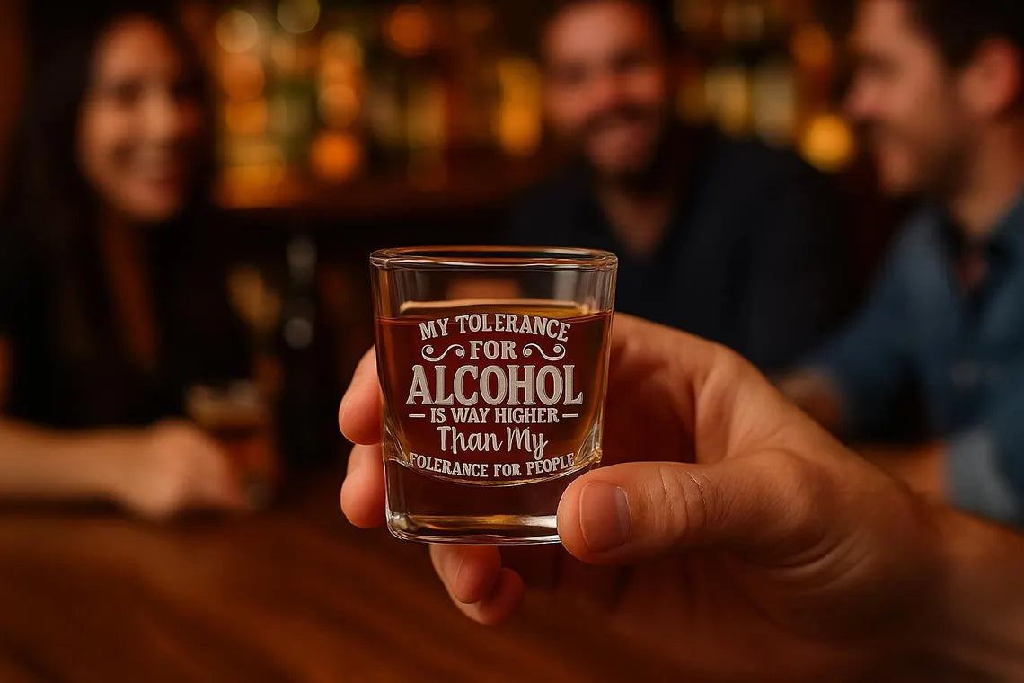 My Alcohol Tolerance Exceeds People Tolerance Funny Engraved Shot Glass