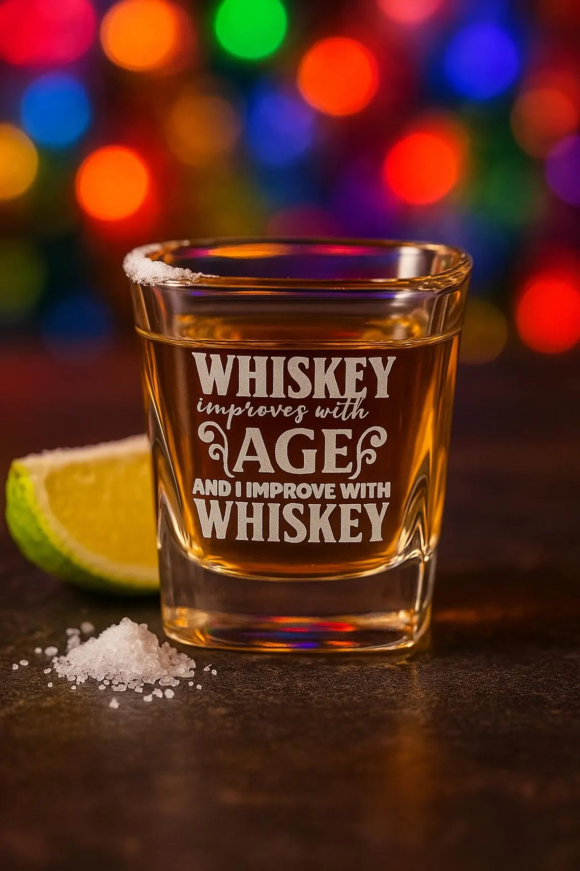 WHISKEY improves with AGE and I improve with WHISKEY Engraved Shot Glass