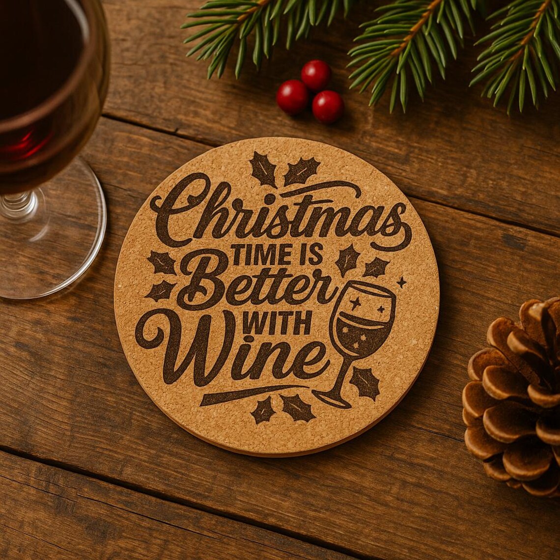 “Christmas Time Is Better With Wine” Engraved Cork or Wood Coaster