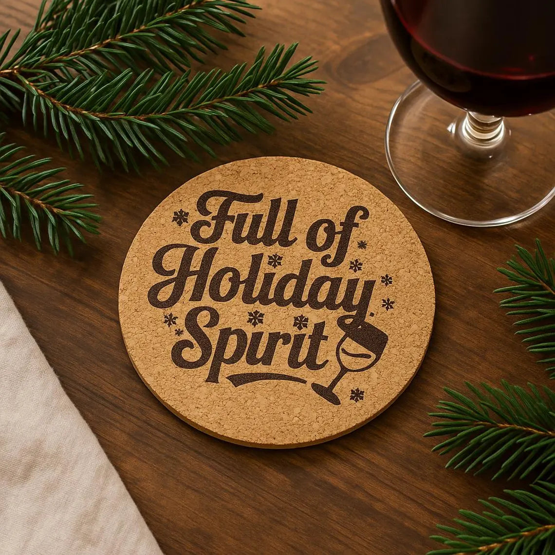 Full of Holiday Spirit Coaster – Laser Engraved Cork or Wood Drink Coaster