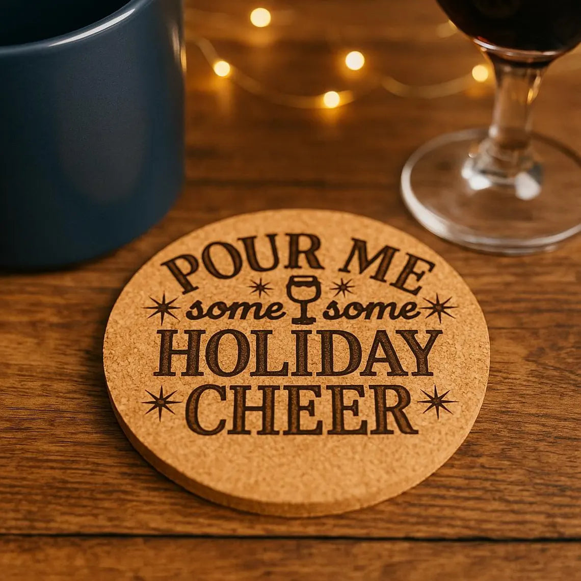 “Pour Me Some Holiday Cheer” – Cork or Wood Holiday Coaster