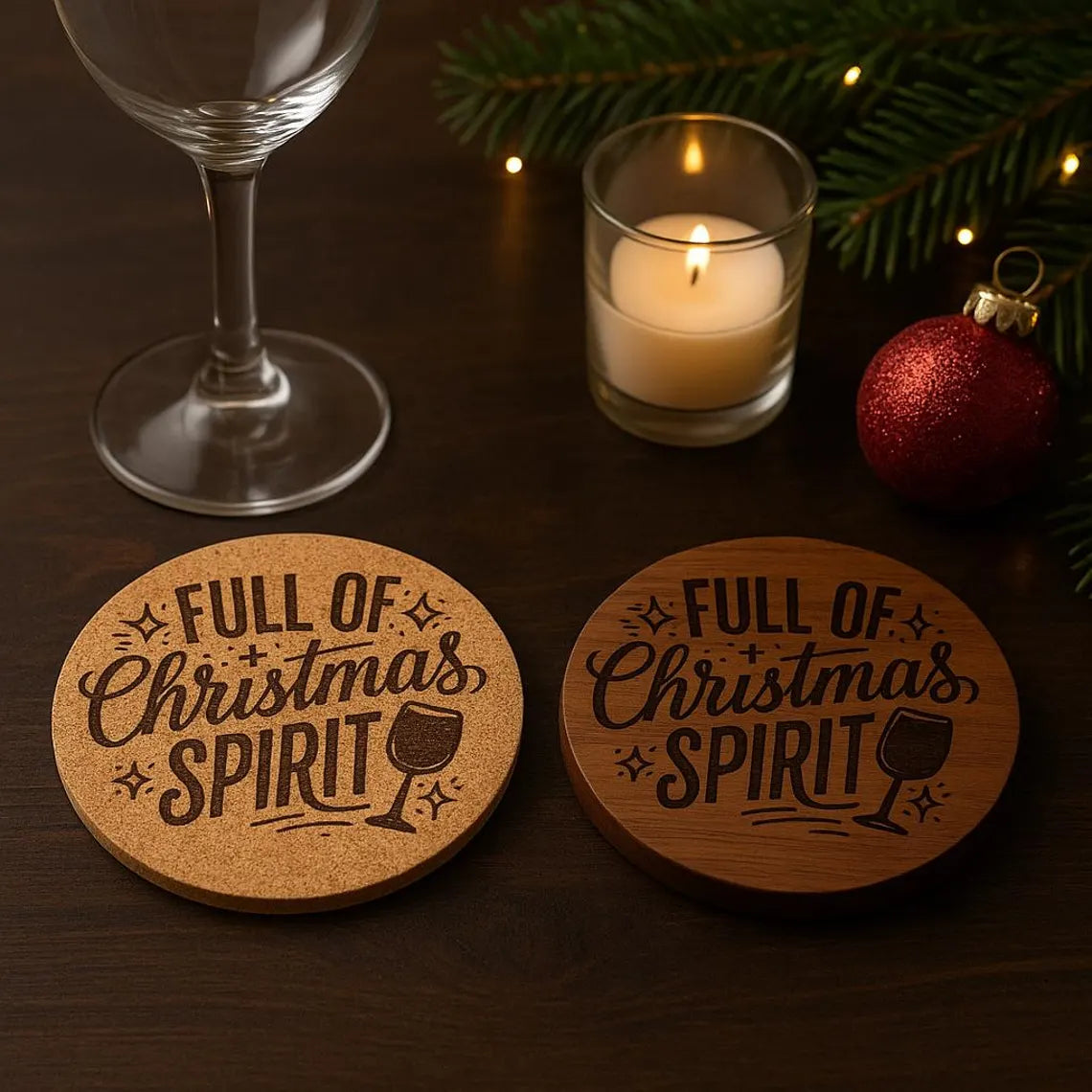 Full of Christmas Spirit Coaster – Engraved Cork or Wood Coaster