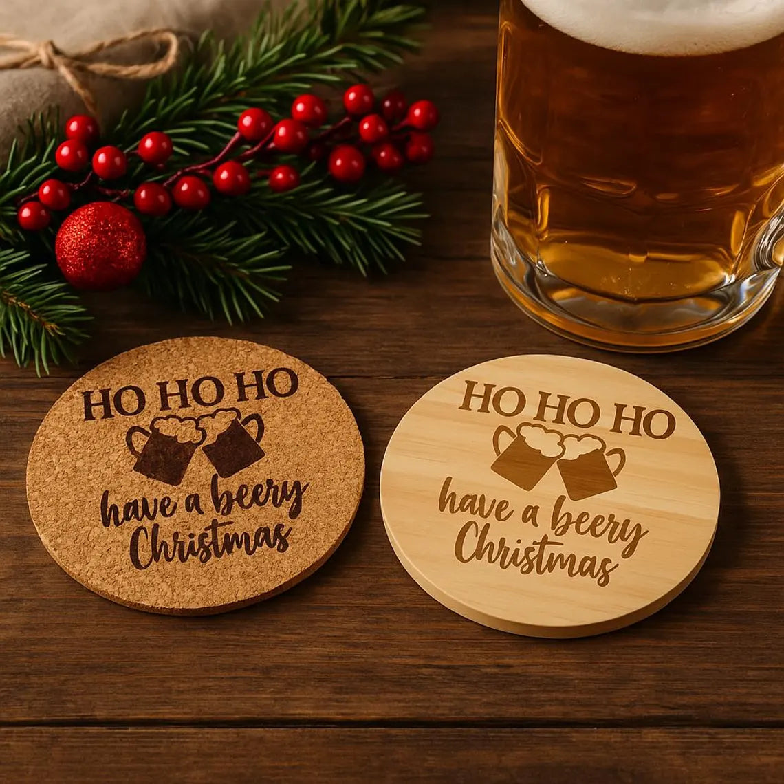 Funny Christmas Beer Coaster: Have a Beery Christmas Laser Engraved Cork or Wood