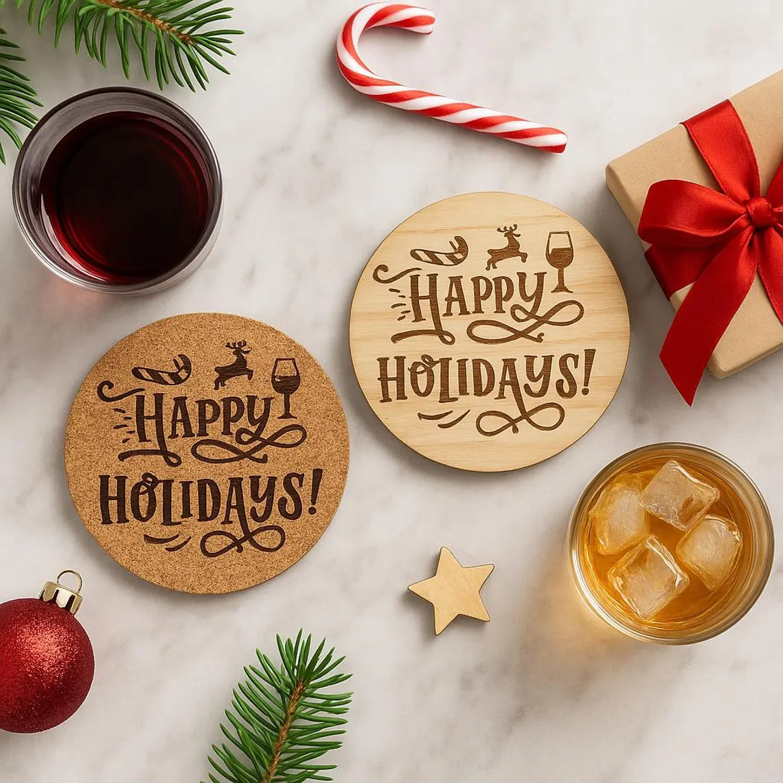 Happy Holidays Laser Engraved Cork or Wood Coaster