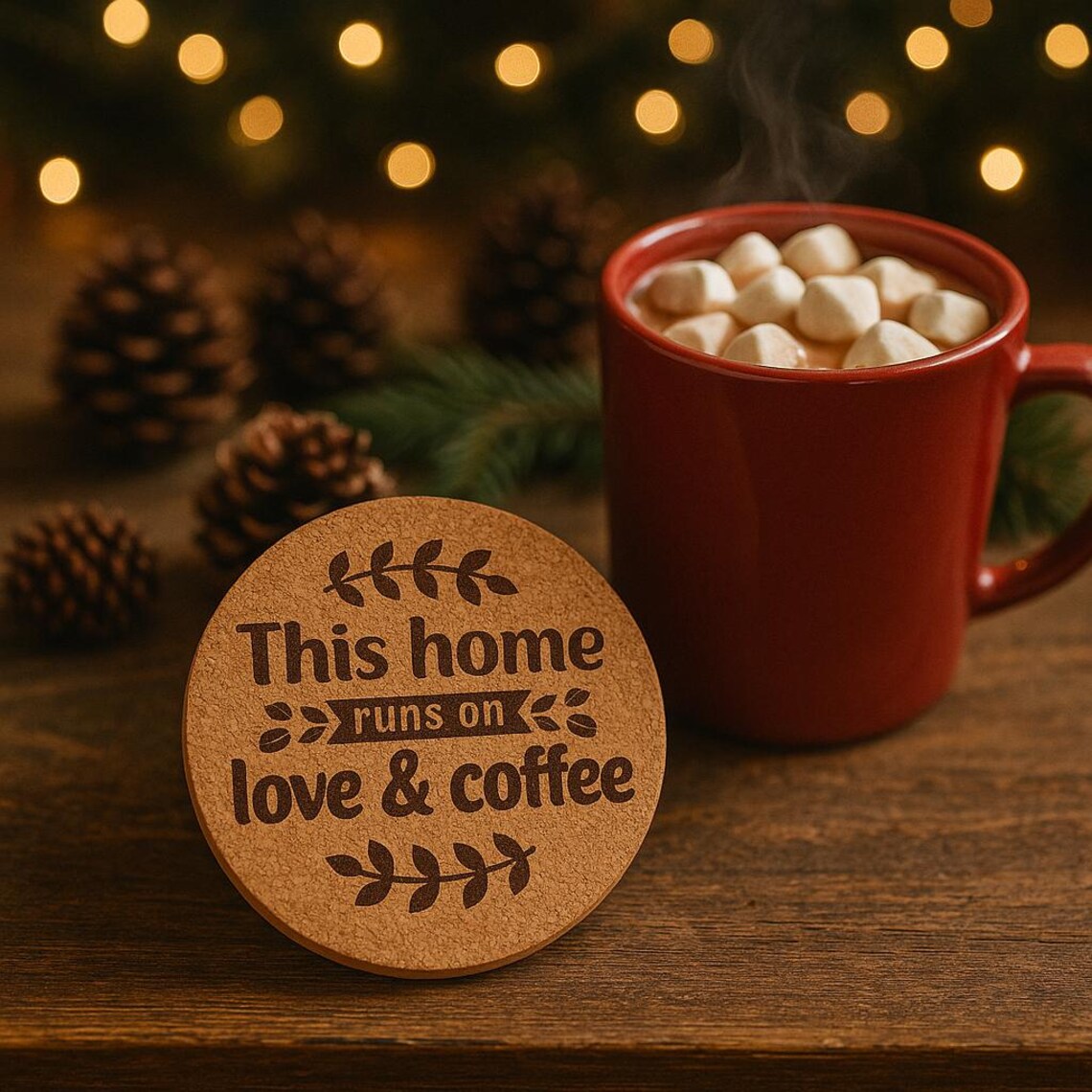 Laser Engraved 'Love & Coffee' Coaster: Farmhouse Decor, Cork or Wood