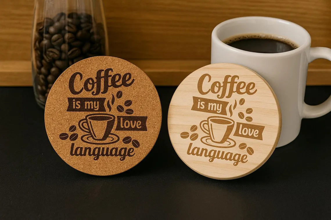 Coffee Lover Coaster: Laser Engraved Cork or Wood - "Coffee is my love language"