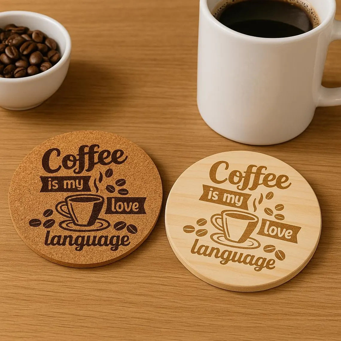 Coffee Lover Coaster: Laser Engraved Cork or Wood - "Coffee is my love language"