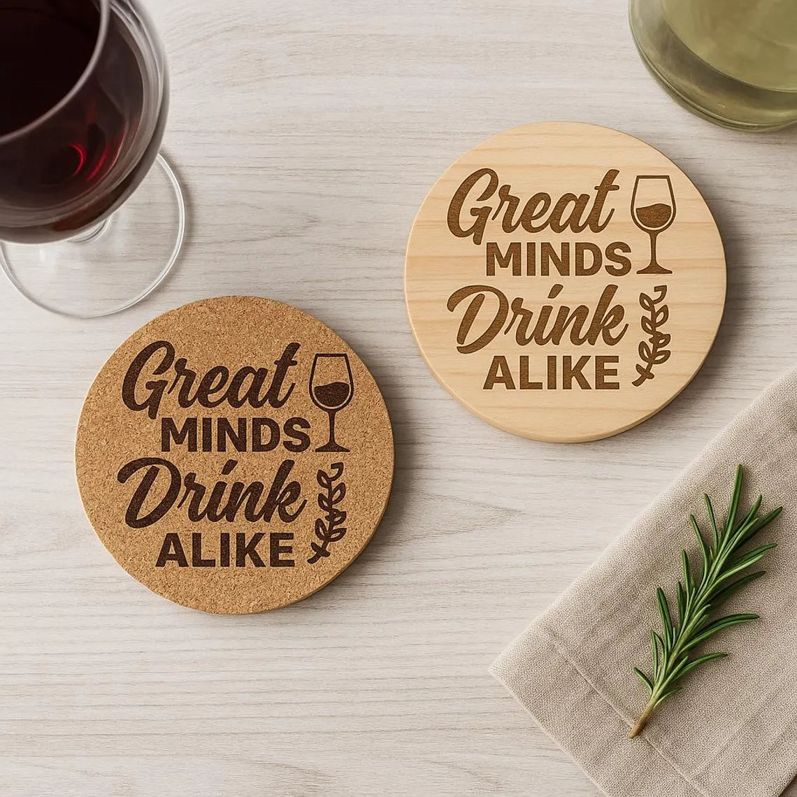 Great Minds Drink Alike Coaster • Engraved Cork or Wood Coaster