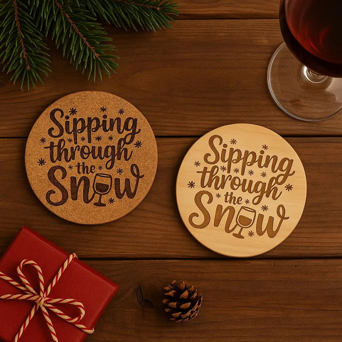 Holiday Coaster: Cork or Wood Christmas Wine Decor