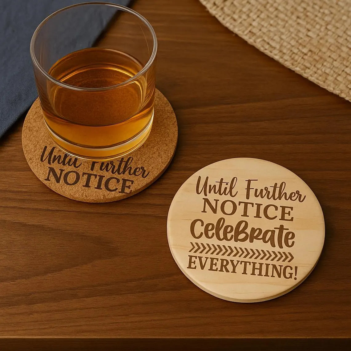 Cork or Wood Coaster: "Celebrate Everything" Funny Bar Decor