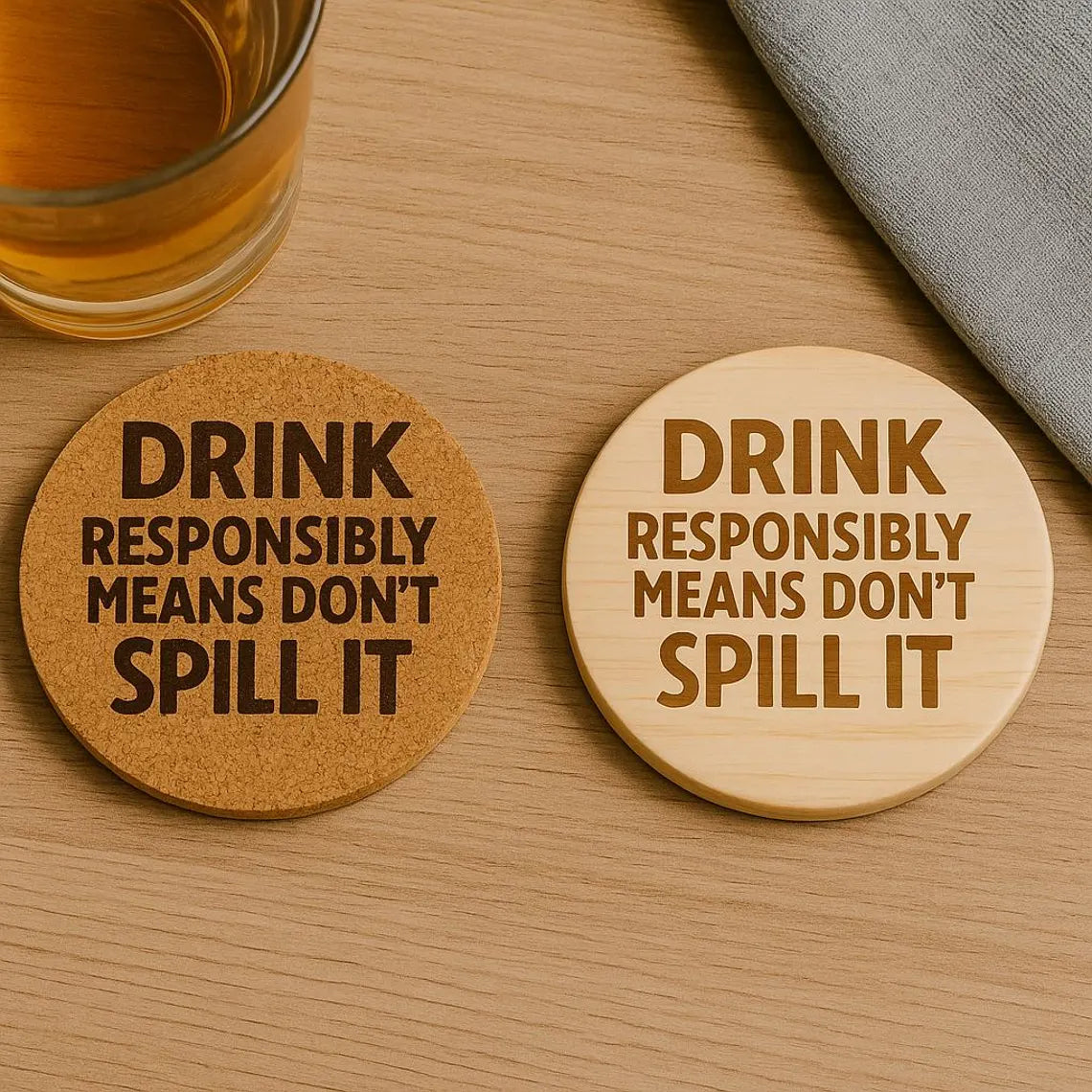 "Drink Responsibly"Cork or Wood Coaster