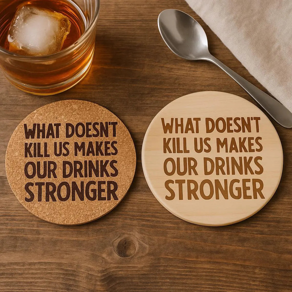Funny Bar Coaster: Engraved Wood or Cork - "Stronger Drinks"
