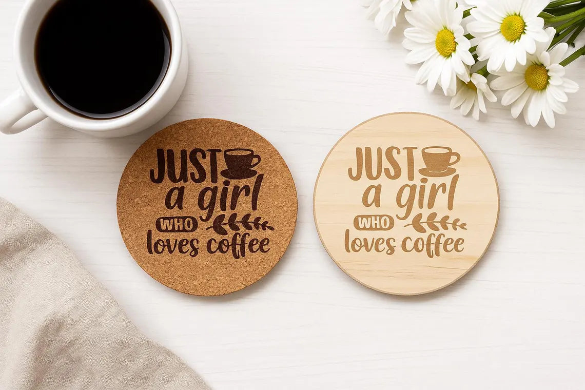 Engraved "Just a Girl Who Loves Coffee" Coaster - Cork or Wood Coaster