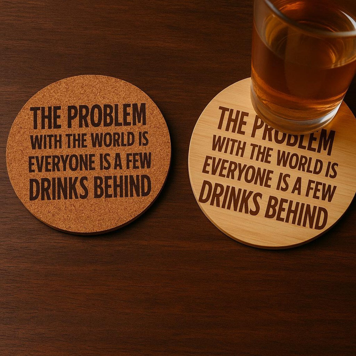 Laser Engraved Cork or Wood Coaster| “Everyone Is a Few Drinks Behind”