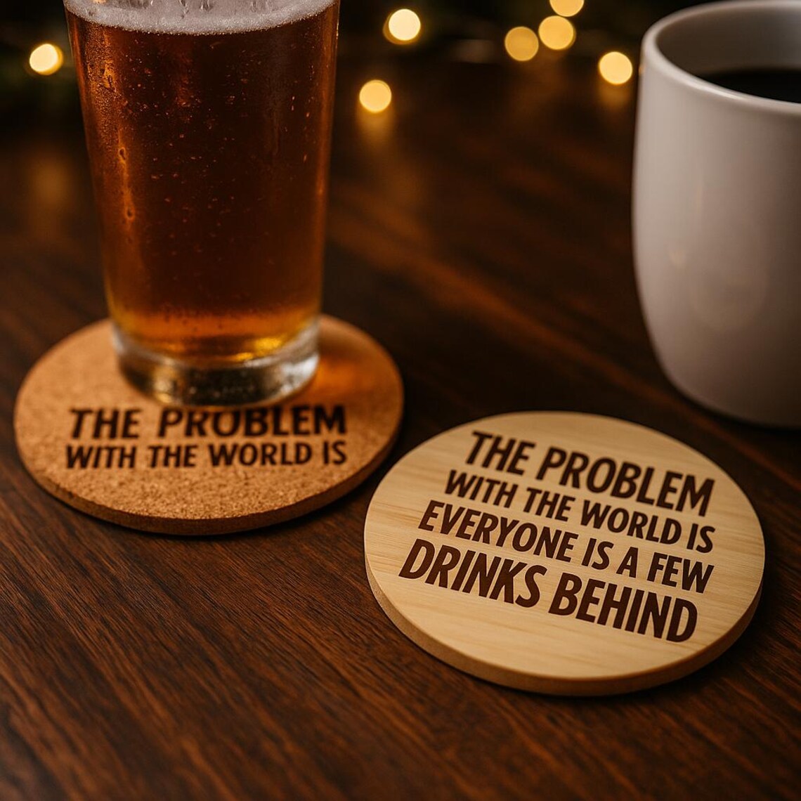 Laser Engraved Cork or Wood Coaster| “Everyone Is a Few Drinks Behind”