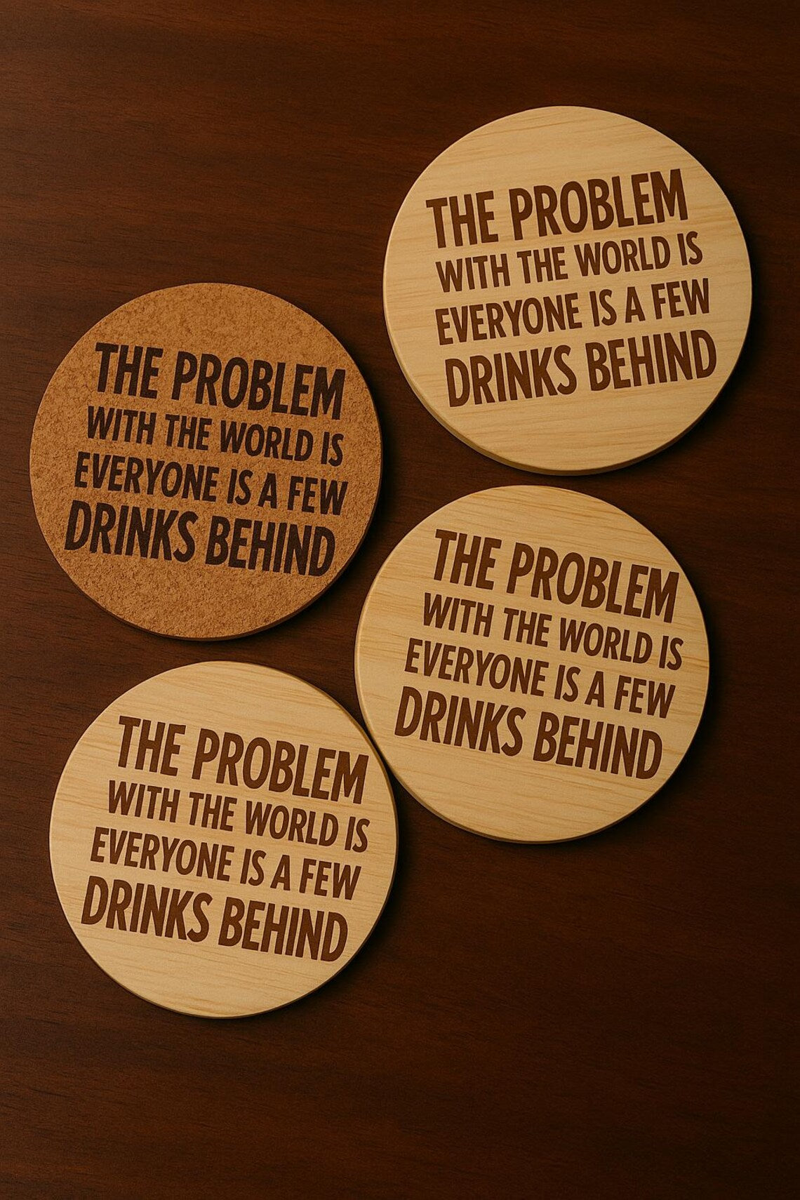 Laser Engraved Cork or Wood Coaster| “Everyone Is a Few Drinks Behind”
