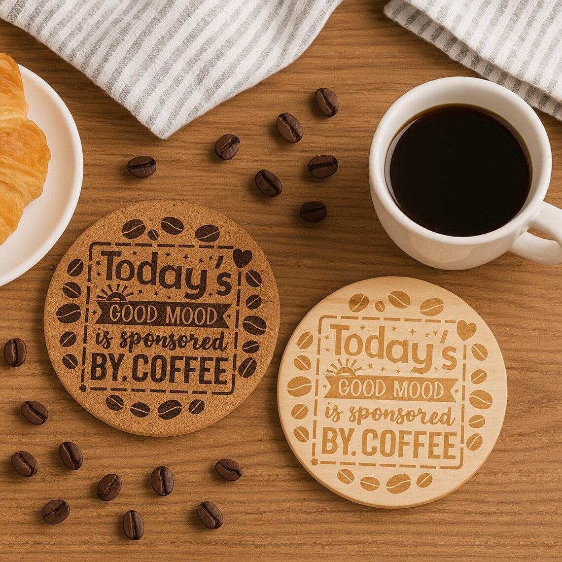 Engraved Coffee Coaster: Funny Coffee Quote, Cork or Wood Coaster