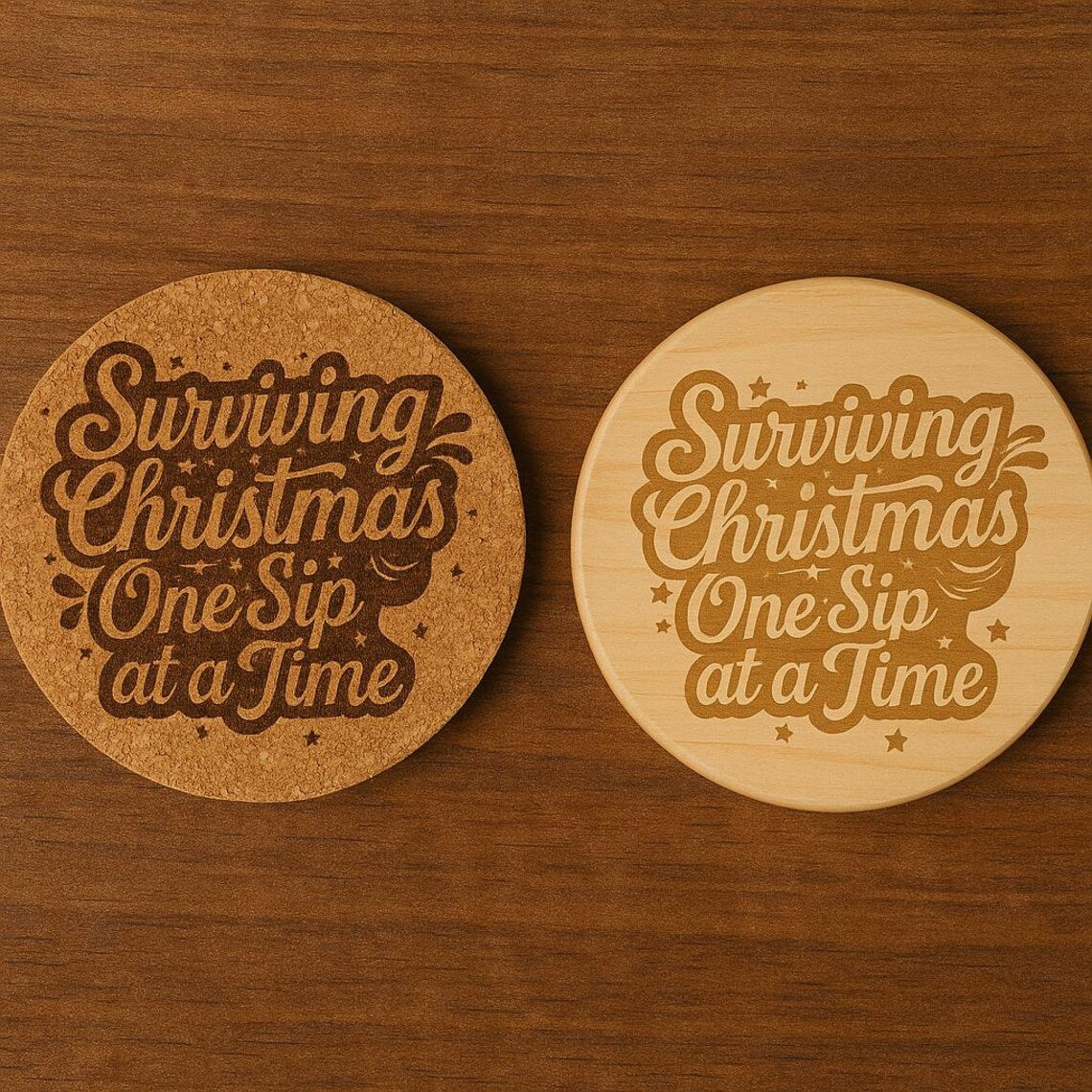 Funny Christmas Coaster: "Surviving Christmas" Engraved Cork or Wood Coaster