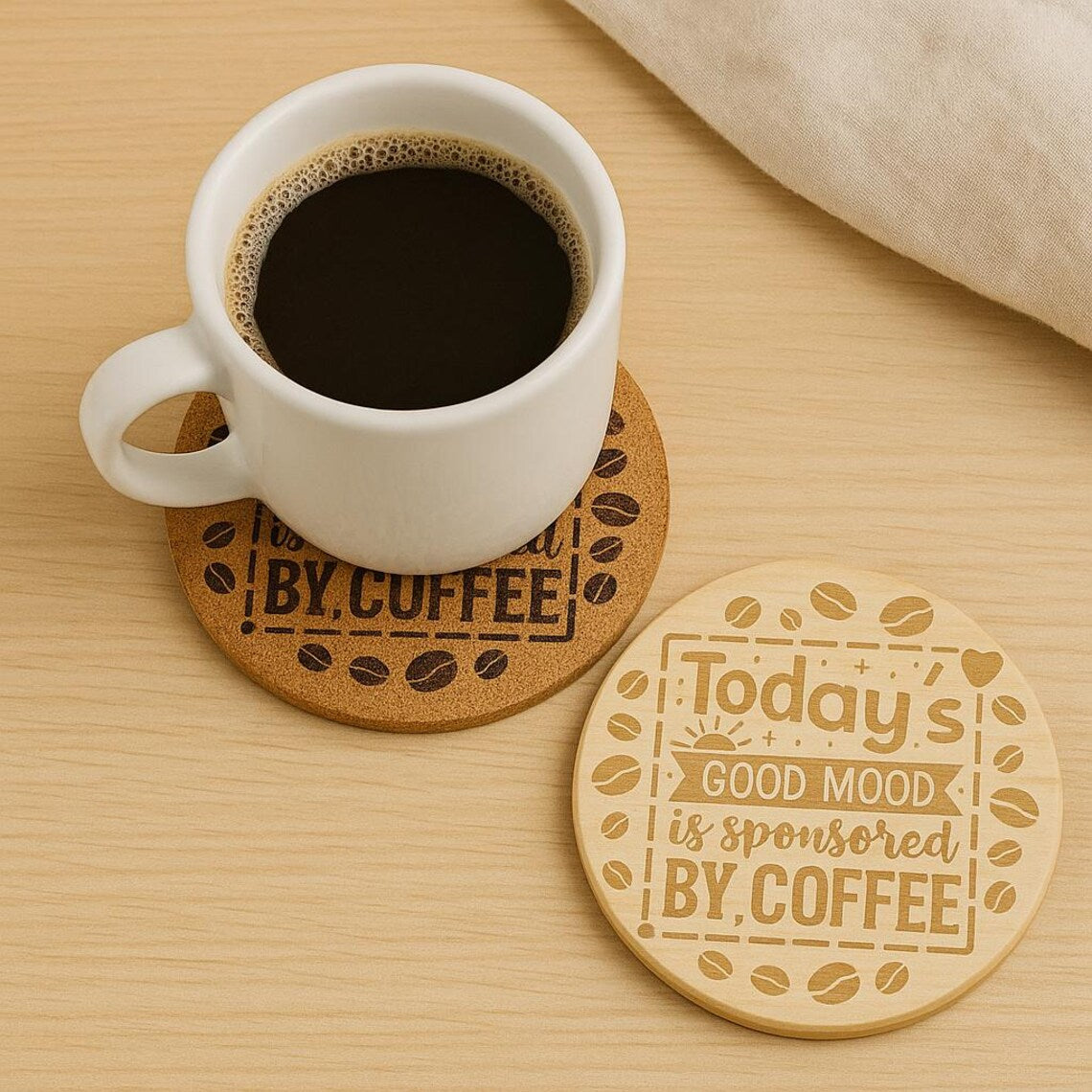 Engraved Coffee Coaster: Funny Coffee Quote, Cork or Wood Coaster