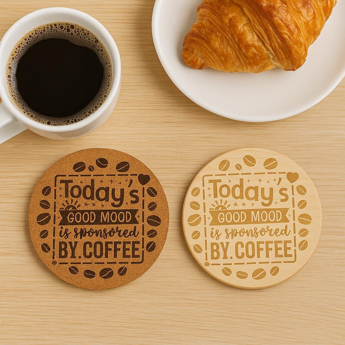 Engraved Coffee Coaster: Funny Coffee Quote, Cork or Wood Coaster