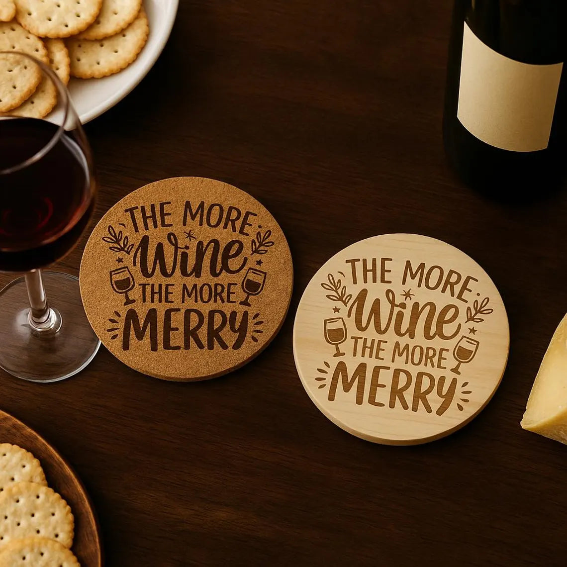 Engraved Cork or Wood Wine Coaster – “The More Wine The More Merry”