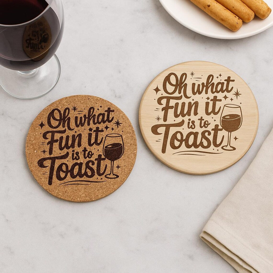 Oh What Fun It Is to Toast Coaster – Laser Engraved Cork or Wood Coaster