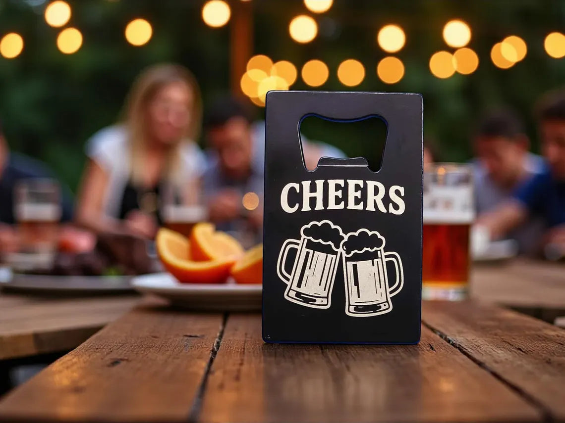 Engraved Metal Credit Card Bottle Opener – “Cheers” Beer Mug Design
