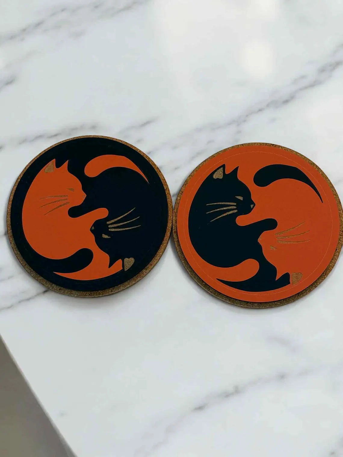 Cat Yin Yang Coasters - Black & White Orange Cat Lovers Gift