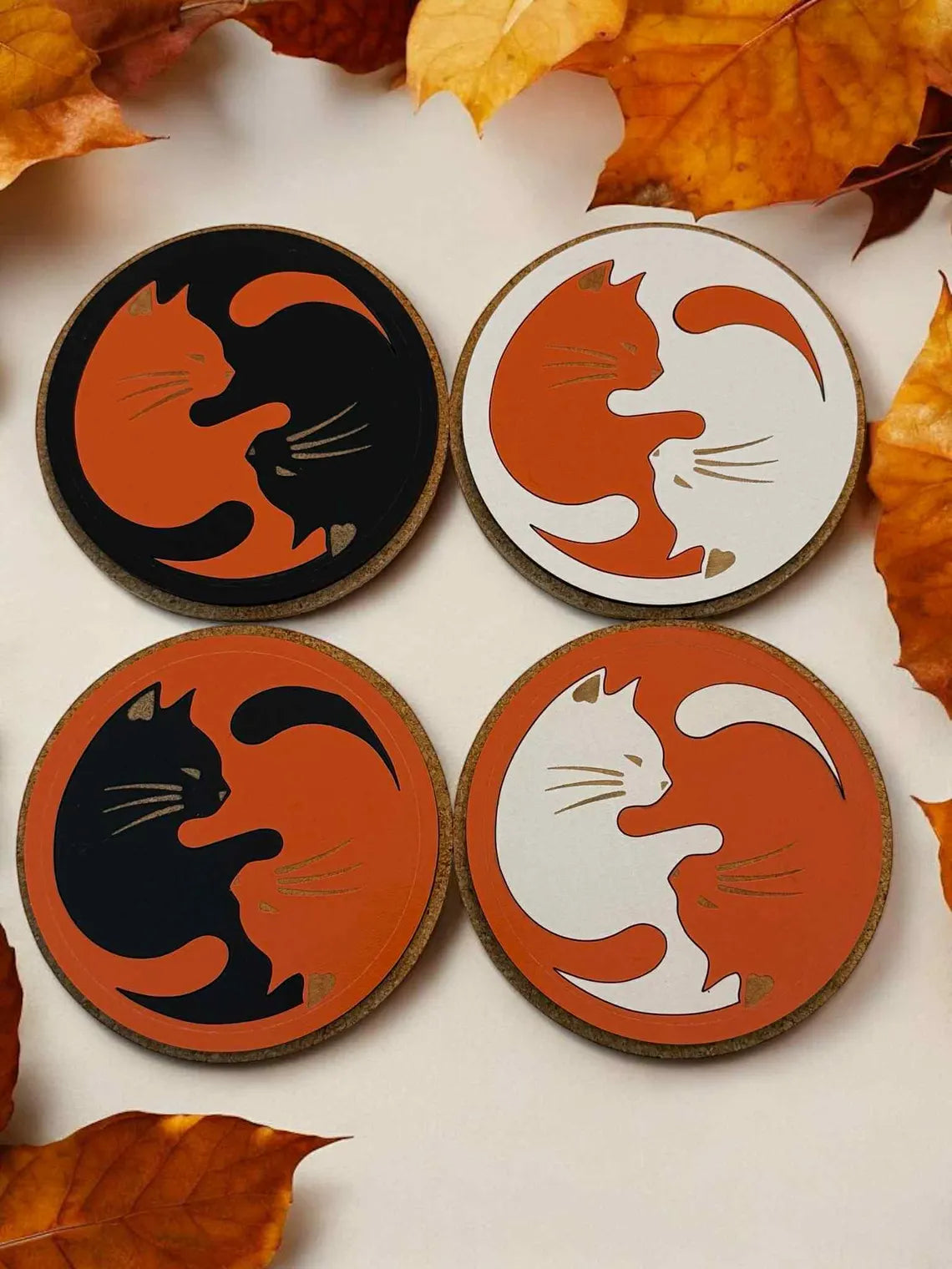 Cat Yin Yang Coasters - Black & White Orange Cat Lovers Gift
