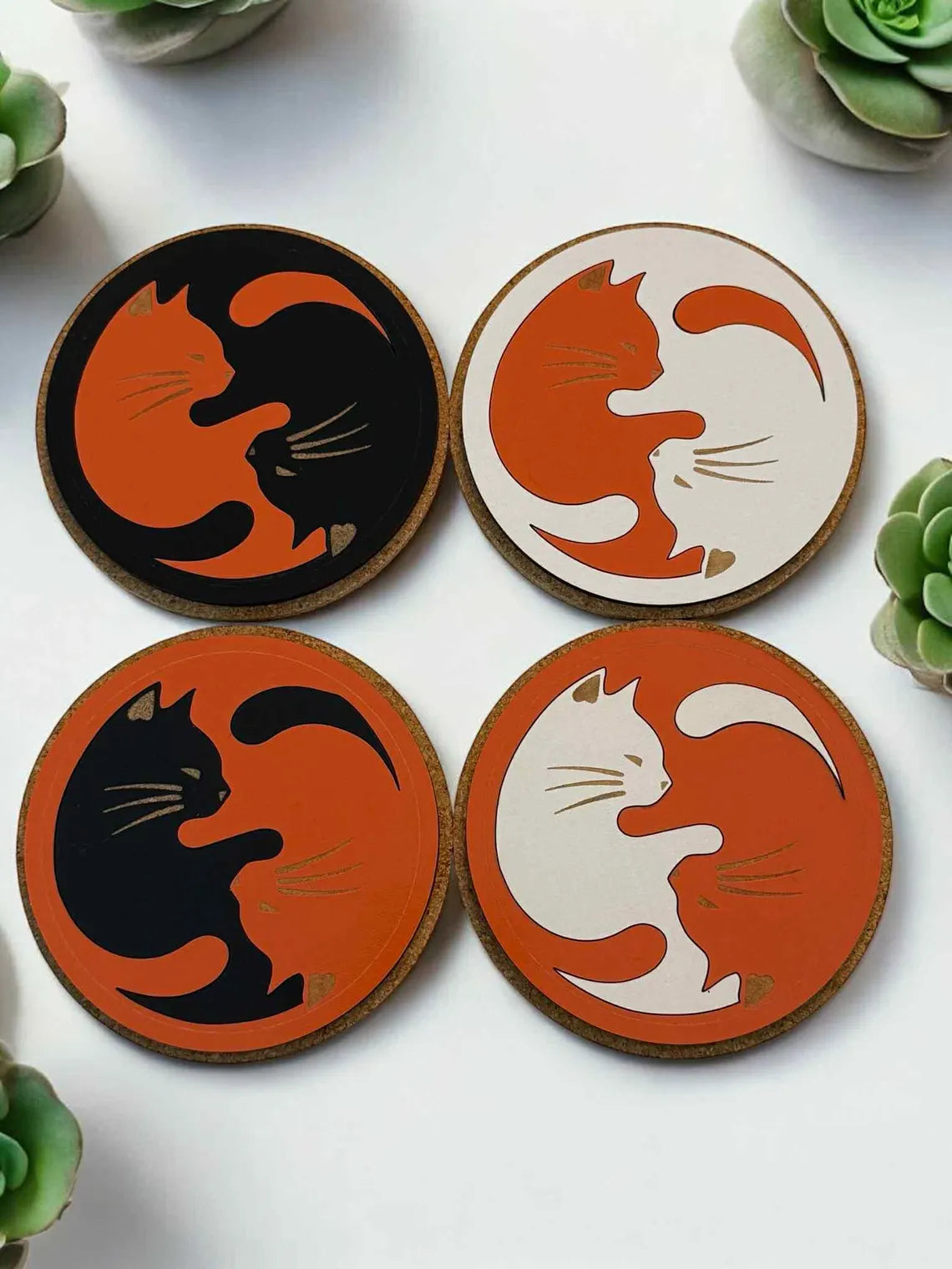 Cat Yin Yang Coasters - Black & White Orange Cat Lovers Gift