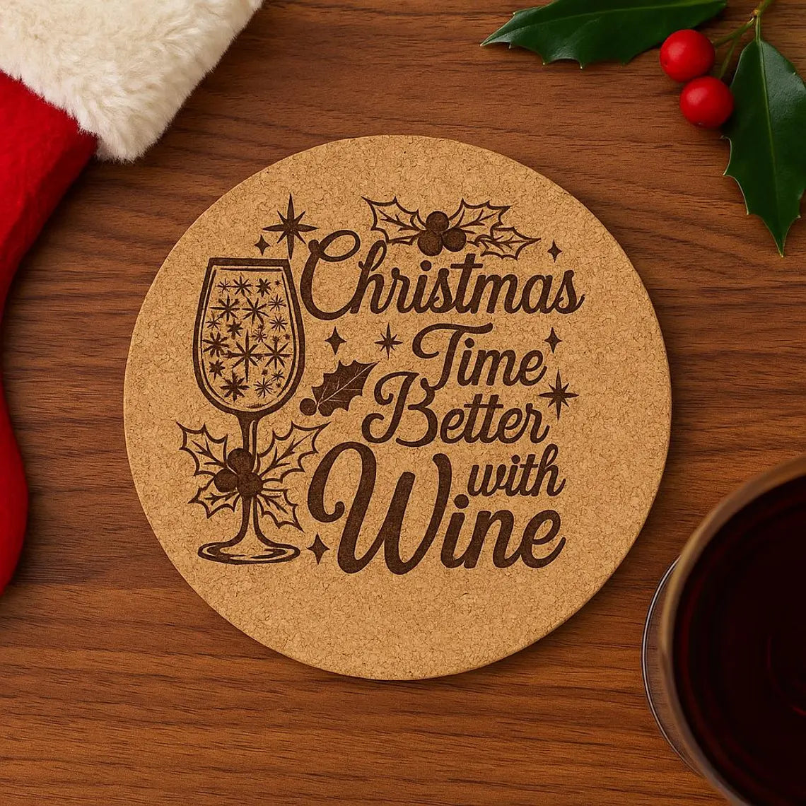 “Christmas Time Better with Wine” Engraved Cork or Wood Coaster