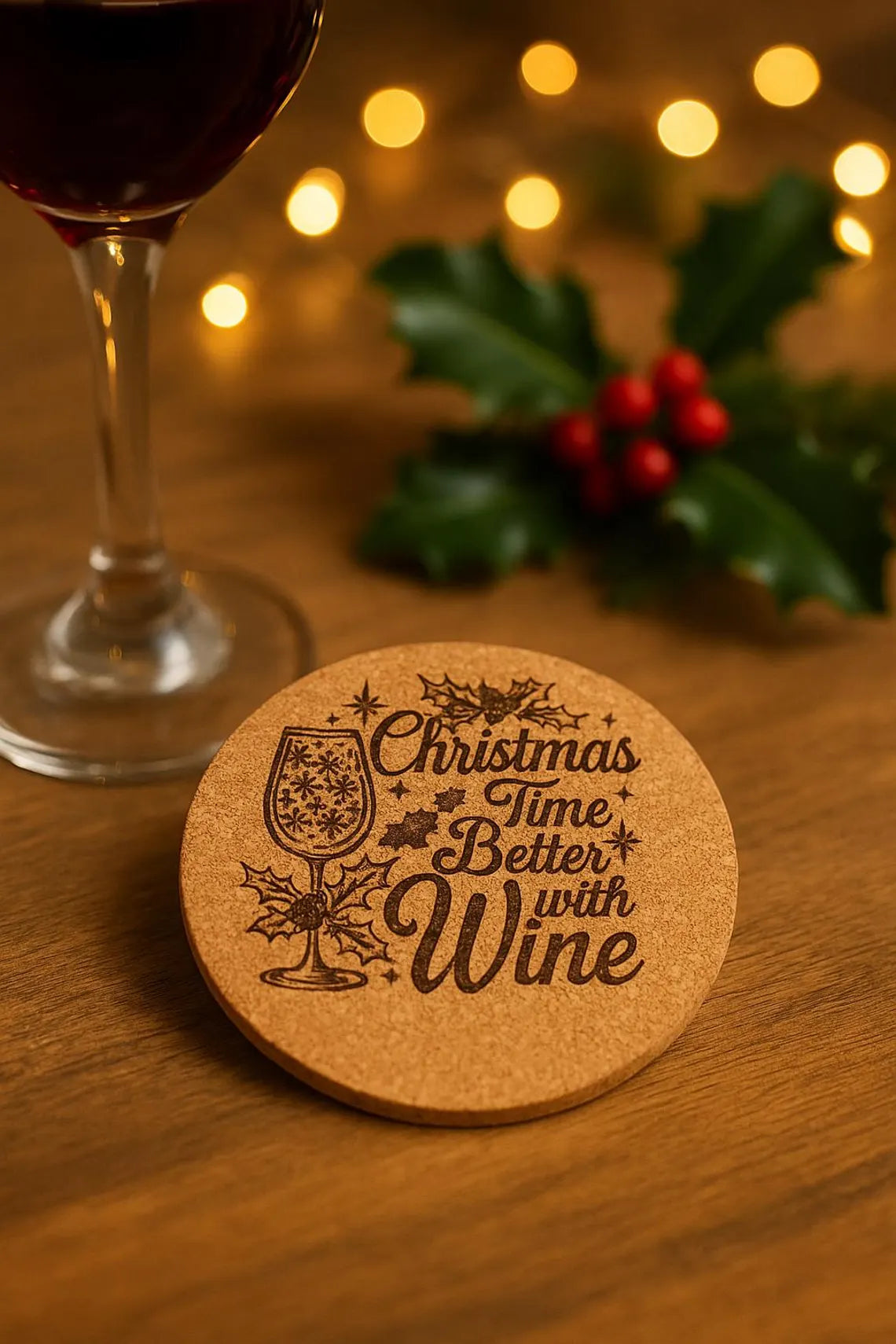 “Christmas Time Better with Wine” Engraved Cork or Wood Coaster