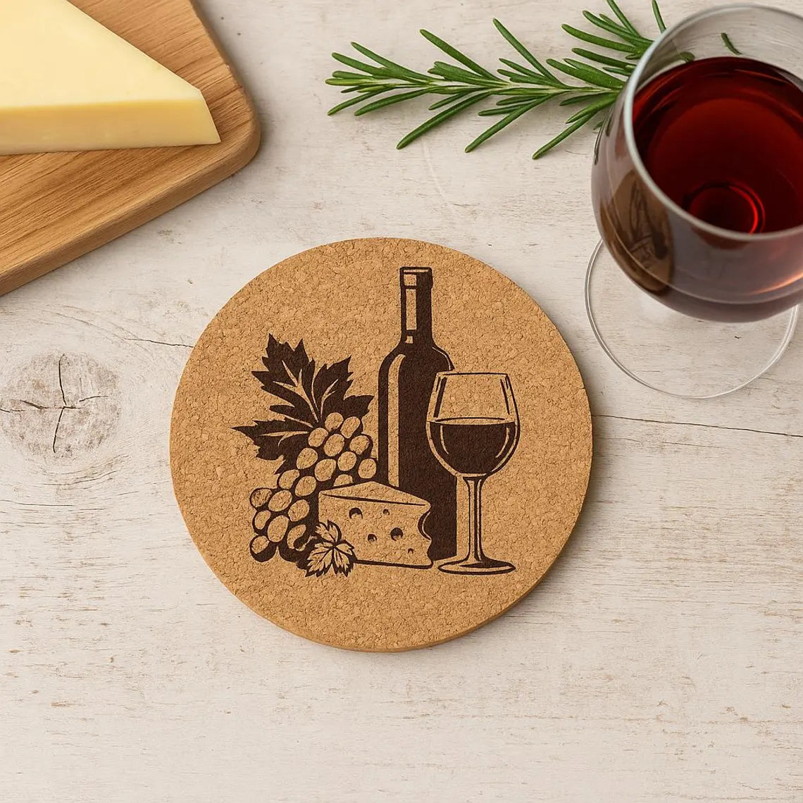Laser Engraved Wine & Cheese Coaster: Cork or Wood